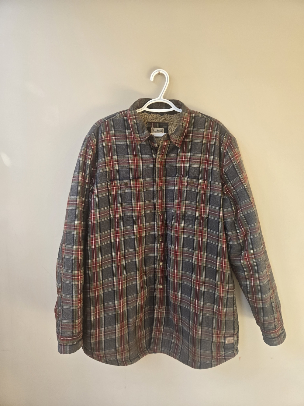 L.L.Bean Sherpa Lined Plaid Flannel Shirt Jacket L Tall Slightly Fitted